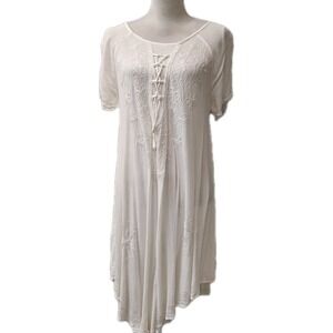Fashion Force Women White Free Size Embroidered Lace Up Midi Dress Short Sleeve